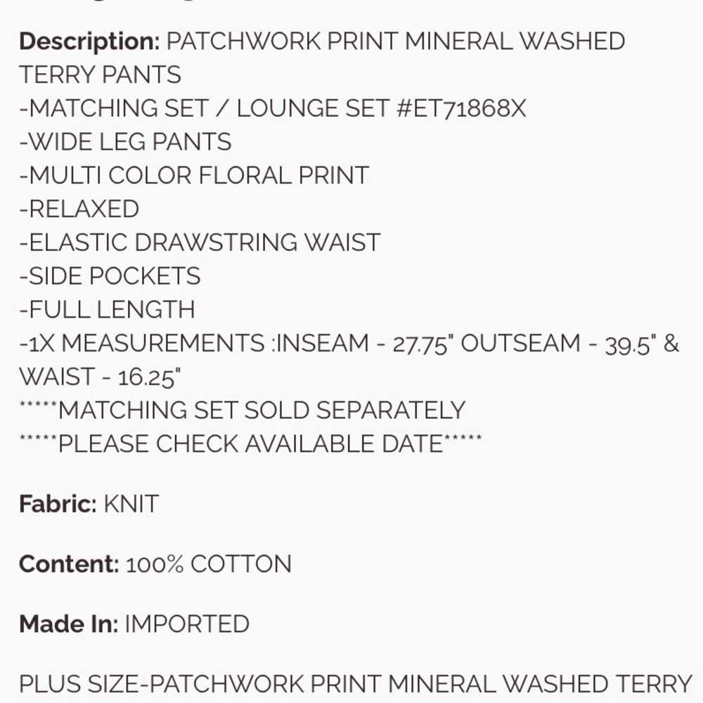 249 small - 3X ❤️ EASEL PLUS SIZE-PATCHWORK PRINT MINERAL WASHED TERRY PANTS - Picture 5 of 5